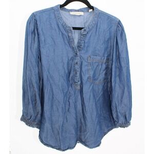 Venini Medium $128 Blue Chambray Tencel Lyocell Peasant Blouse Puff Sleeve